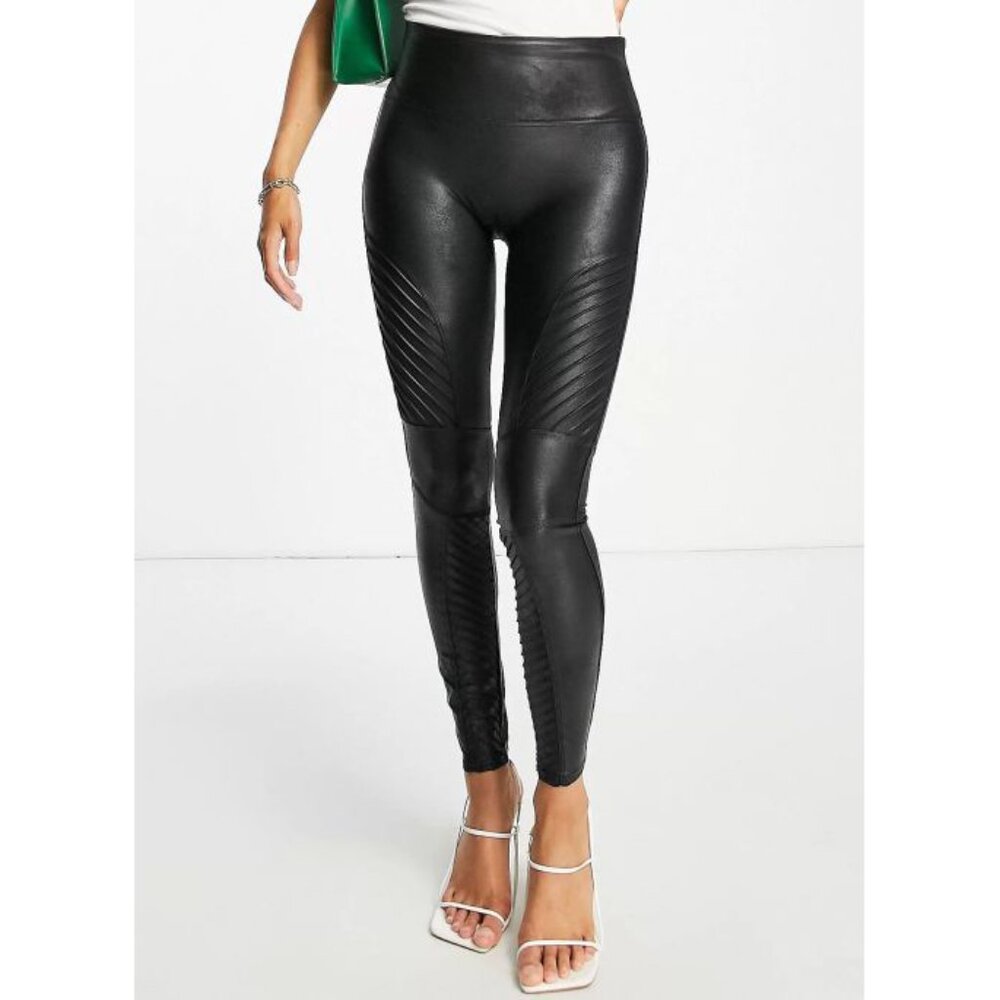 Spanx Faux Leather Moto Leggings Black Shiny Biker Motorcycle Edgy Skinny Pants